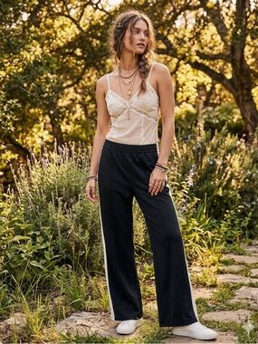 Sincerely Jules Black Wide Leg Track Pants with white Side Stripe